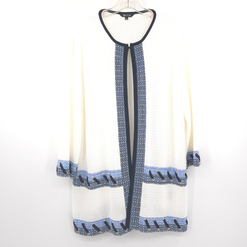 Misook Knit Jacket Women Large White Blue Lace Up Grommet Longline Cardigan